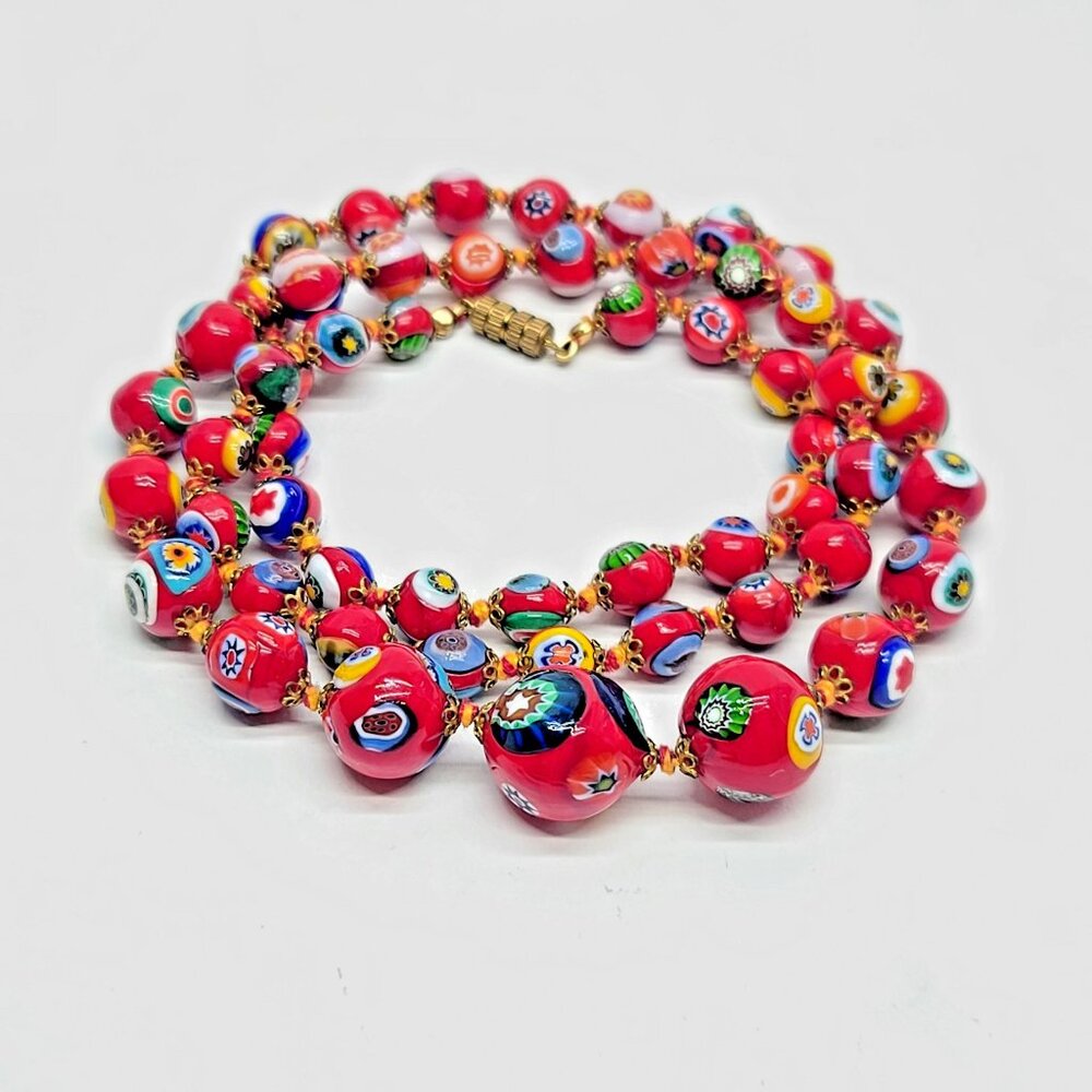 Millefiori Long Necklace Red Glass Beads Gold Tone Floral Accents Italian Murano